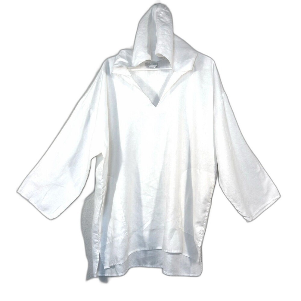 Vintage Moda Intl Victorias Secret XL White 100% Linen Hooded Tunic Coverup Top⁠